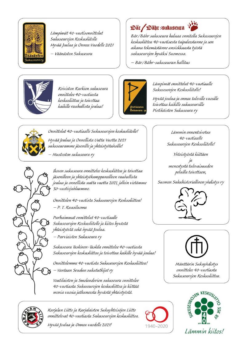 Sukuseurojen keskusliitto on saanut onnitteluja 40 vuotisjuhlavuoden merkeiss&auml;. Onnittelujen l&auml;hett&auml;j&auml;t toivottavat kaikille hyv&auml;&auml; joulua ja onnea vuodelle 2021.