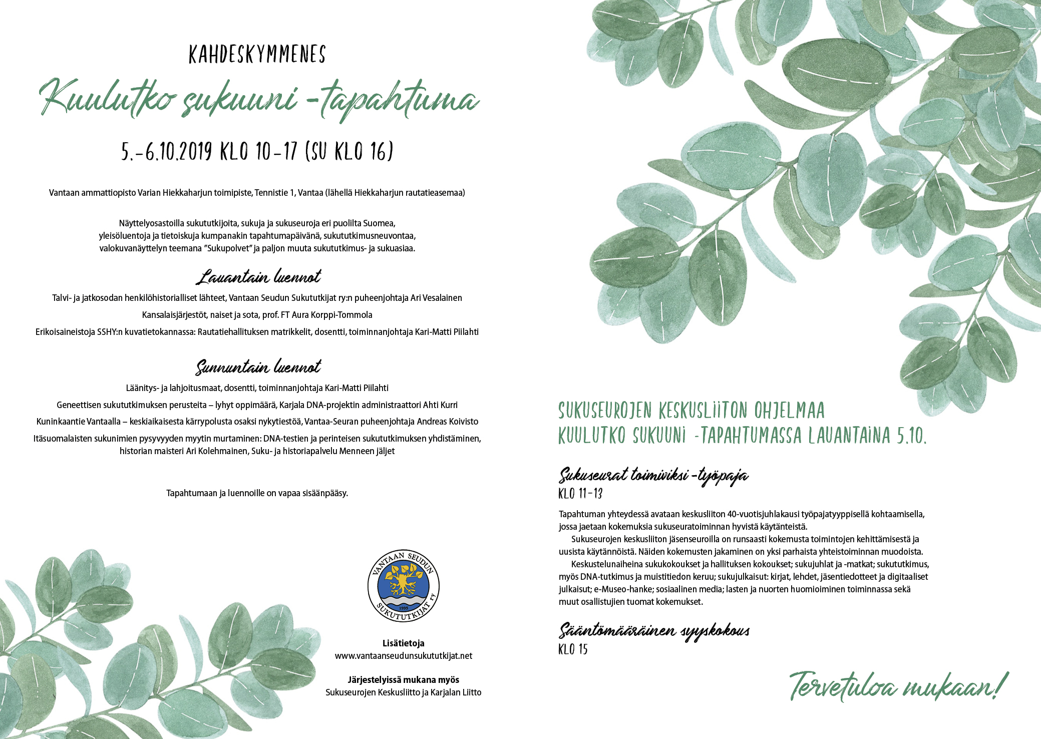 Kuulutko sukuuni -tapahtuma 5.-6.10.2019 Vantaalla